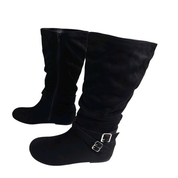 Soda Deena Black Zip Up Tall Boots Flat Silver Buckle Girls Size 2.5 - Picture 4 of 8